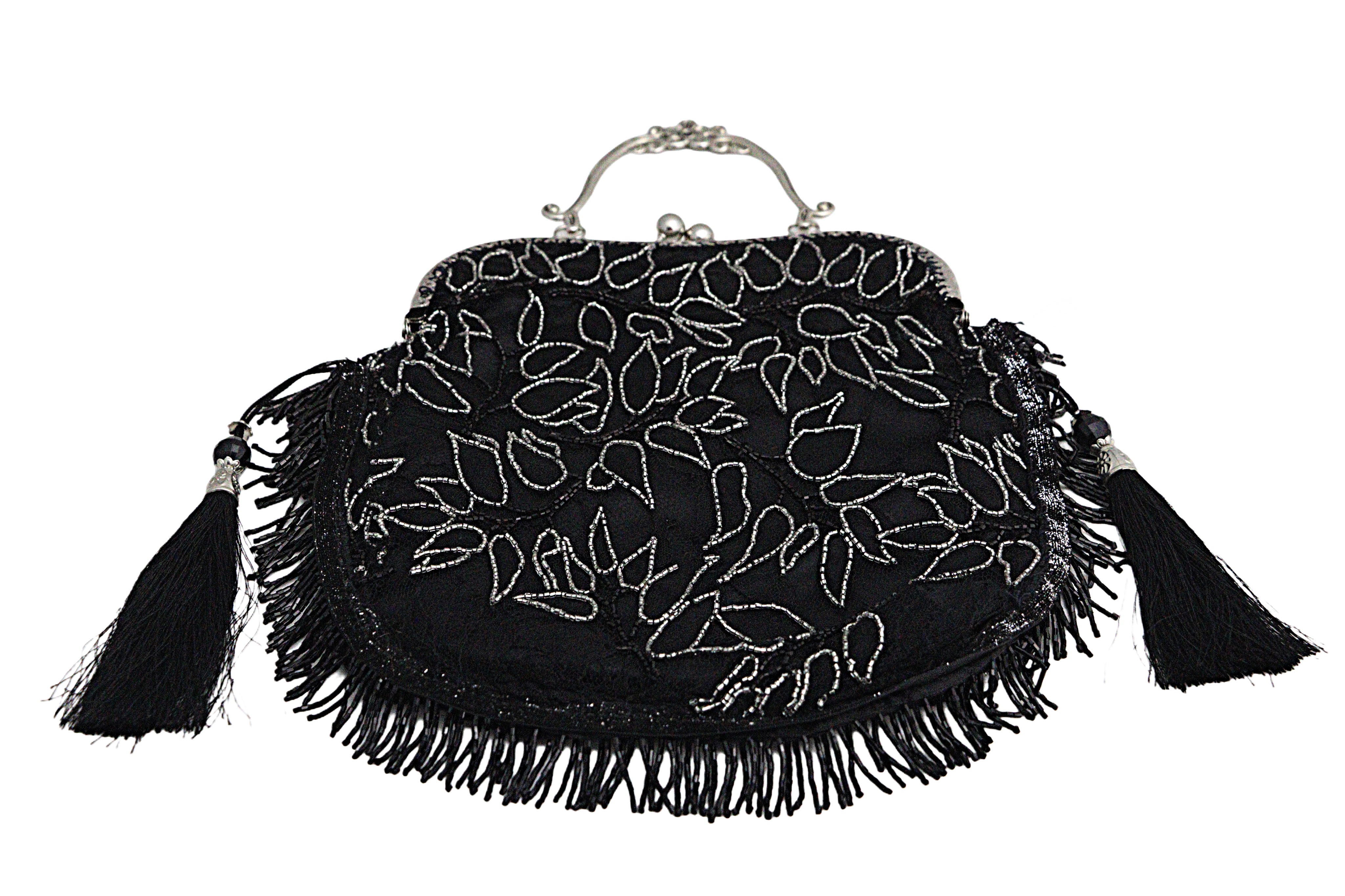 Intricate Black Fringe Handbag – Vintage Glamour